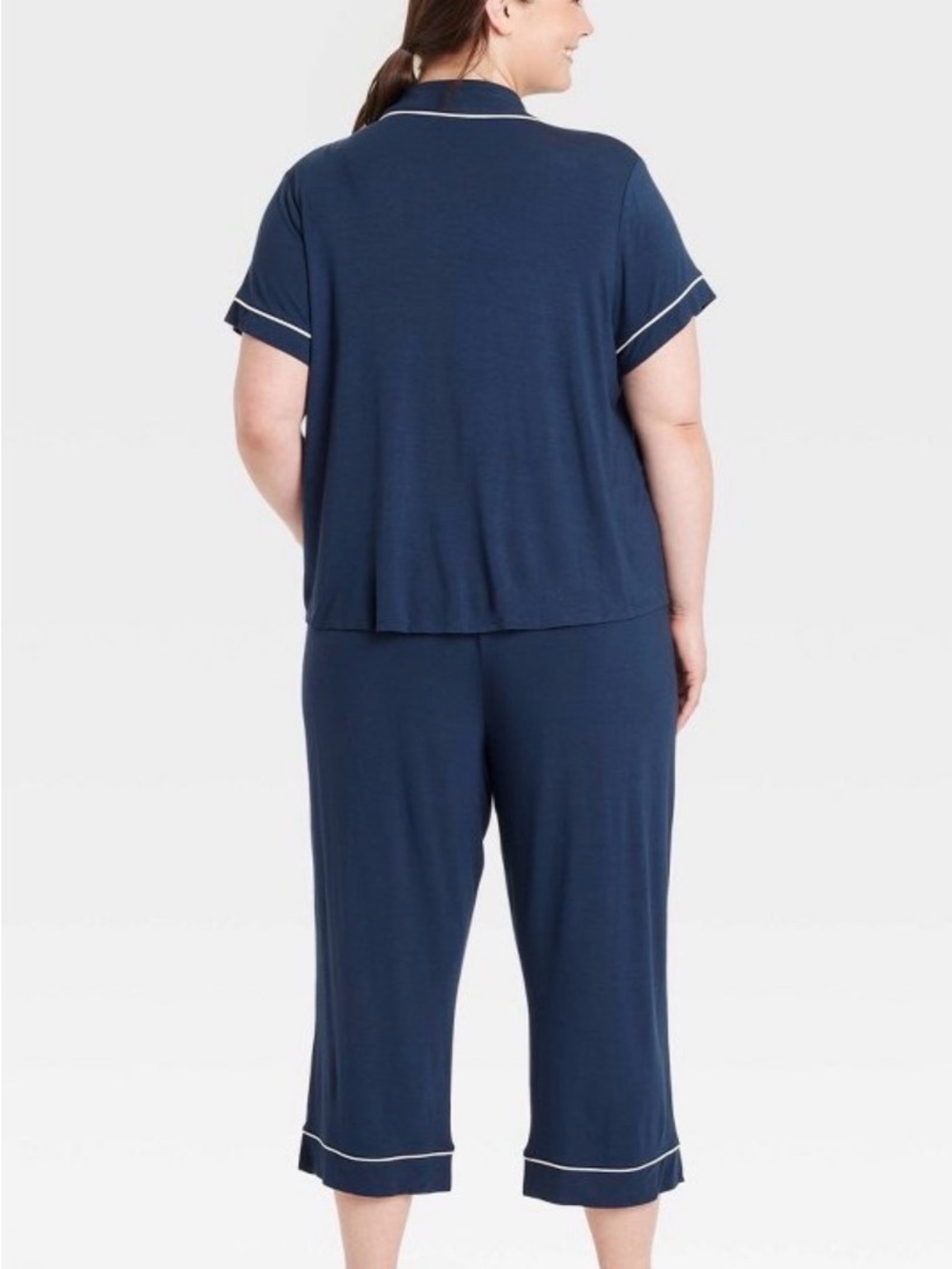 Auden Navy Short-Sleeve Notch Collar Top & Capri Pajama Set - Picture 3 of 6